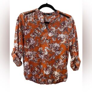 CURE Women’s Floral Orange Roll-Tab V-Neck Pull-On Blouse Top Shirt Size: Small